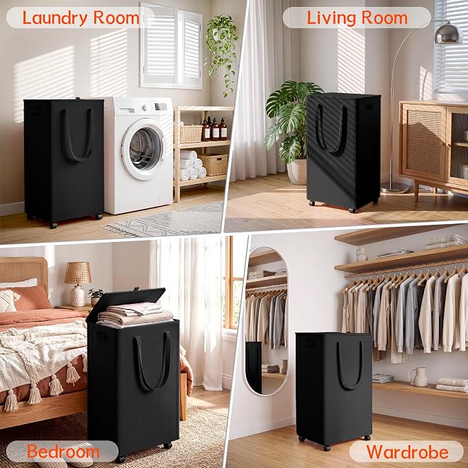 Slim Laundry Hamper with Wheels,25 Gal (95L) Rolling Laundry Basket with lid and wheels Clothes Hamper Foldable Tall Dirty Clothes Basket Sturdy Collapsible Clothes Hamper for Dorm,Laundry Room