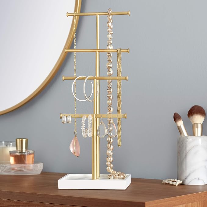 Amazon Basics Four-Tier Jewelry Organizer Tree Stand, Necklace Earring Bracelet Holder with Ring Storage, White/Brass