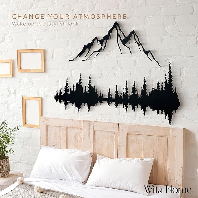 Wita Home Mountain and Forest Metal Wall Art, Wall Mounted Home Decor, Pine Trees and Nature Wall Art for Living Room, Bedroom or Office, Large Outdoor Wall Decor, Nature Christmas Decor (Black Mountain-Black Forest, 48x32 inches)