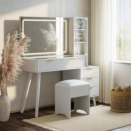 Garvee Vanity Desk with Lighted Mirror, Makeup Vanity with Charging Station, Glass Top Dressing Table with Cushioned Storage Stool for Bedroom, White