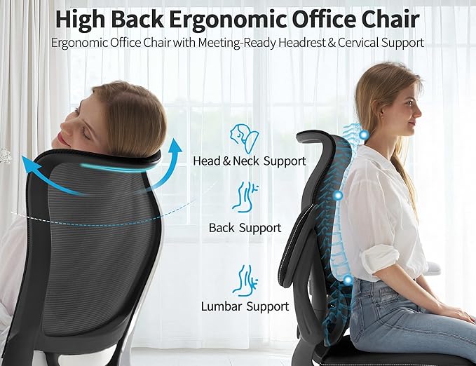 TRALT Ergonomic Office Chair - Desk Chair with Wave High Back Adjustable Lumbar Support Computer Chair - Gaming Chairs Mesh Backrest and PU Leather Seat for Home Reading Chairs to Adults (Black White)