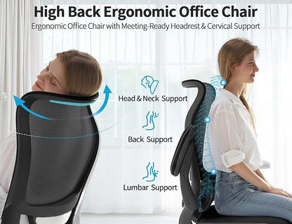 TRALT Ergonomic Office Chair - Desk Chair with Wave High Back Adjustable Lumbar Support Computer Chair - Gaming Chairs Mesh Backrest and PU Leather Seat for Home Reading Chairs to Adults (Black White)