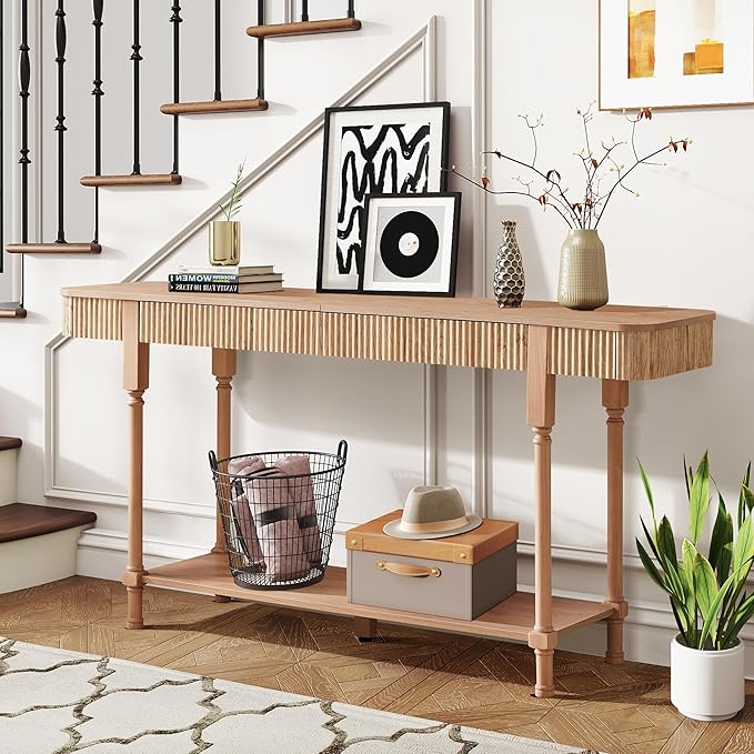 63'' Fluted Console Table with 2 Drawers, 2-Tier Long Entryway Tables with Open Storage, Wooden Narrow Sofa Table Behind Couch, Foyer Accent Table for Living Room, Hallway, Entrance (Natural)