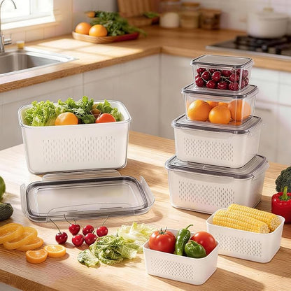 5 Pack Fruit Storage Containers for Fridge, Plastic Fruit Containers for Fridge with Removable Colanders, Leakproof Fridge Organizers and Storage for Berry Vegetable Salad Lettuce Meat Food