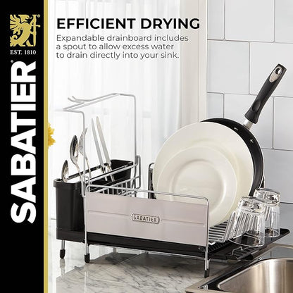 Sabatier Expandable Dish Drying Rack with Drainboard - Stainless Steel Dish Rack for Kitchen Counter, Stemware Holder and Utensil Caddy Included