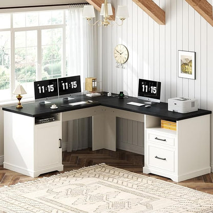 Unikito Farmhouse L Shaped Executive Desk with File Drawers, 60" Corner Computer Desk with Power Outlets, Large 2 Person Home Office Table with Storage Cabinet, Sturdy Writing Desks, White and Black