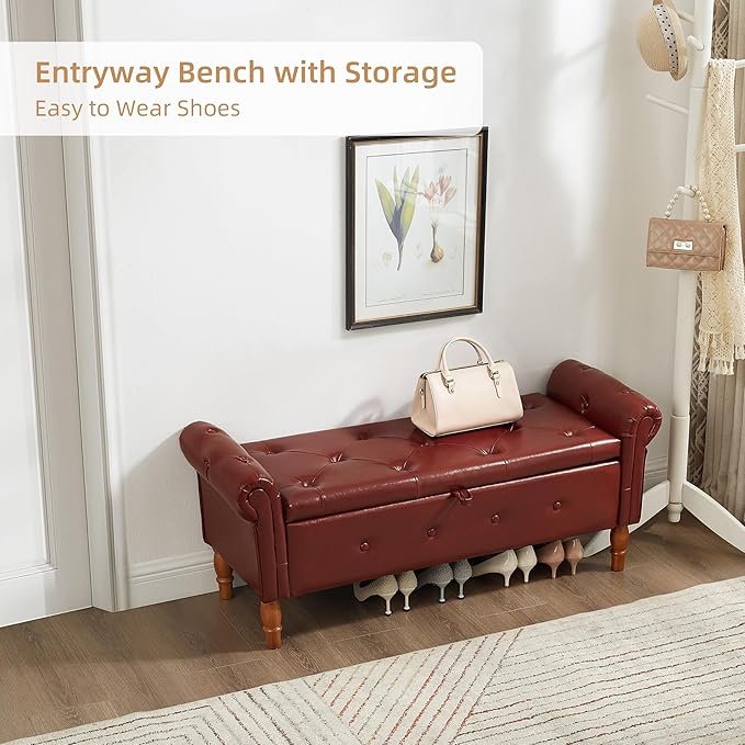 Storage Ottoman Bench, 50" Modern Upholstered End of Bed Bench, Faux Leather Rolled Armed Button-Tufted Ottoman with Storage for Living Room, Entryway, Window, Burgundy