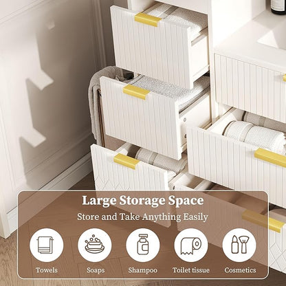 12 Inch Floating Bathroom Side Cabinet, Wall Mounted Bathroom Storage Cabinet with 3 Drawers, Modern Slim Organizer with Decor Line, Gold Metal Pulls