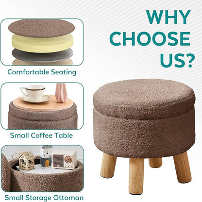 Small Foot Stool Ottoman with Storage, Sherpa Ottoman Foot Rest for Couch, Round Footstool with Storage, Small Ottomans and Footstools for Living Room and Entryway (Brown)