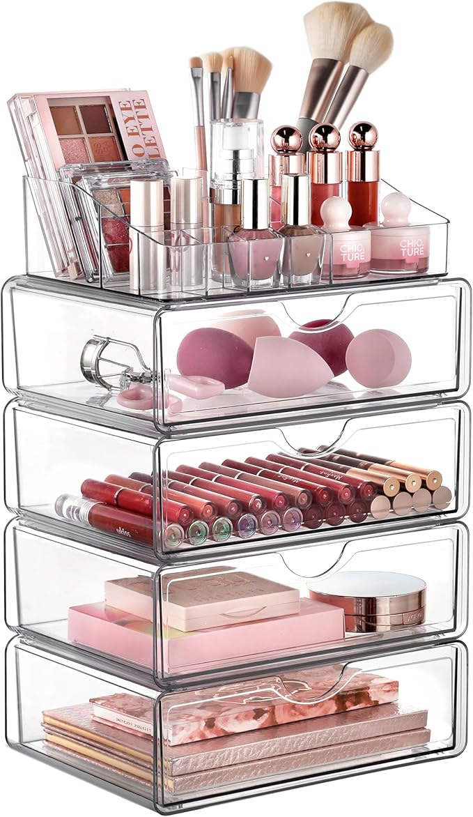 Vtopmart 5 Tier Clear Makeup Organizer with Drawer, Cosmetic Storage for Dresser Countertop and Bathroom Vanity, Beauty Holder for Lipstick Brush Skincare