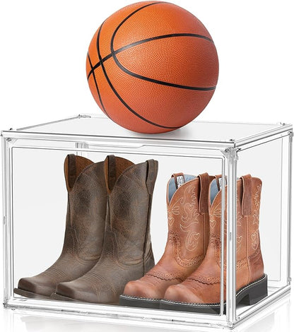 3 Pack XXX-Large Clear Display Case, 17.7''x13''x13'' Tall Boot & Shoe Box Acrylic Display Case Extra Large Figure Collectibles Showcase Clear Stackable Handbag Trophy Display Box with Magnetic Lid