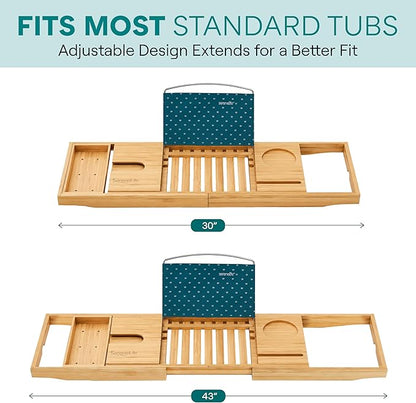 SereneLife Luxury Bamboo Bathtub Caddy Tray - Adjustable Natural Wood Bath Tub Organizer with Wine Holder, Cup Placement, Soap Dish, Book Space & Phone Slot for Spa, Bathroom & Shower - SLBCAD20