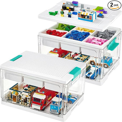 Vtopmart 24 QT Plastic Storage Box with Building Baseplate Lid and Removable Tray,Craft Organizer and Storage for Building Bricks, Art Supplies, Beads and Sewing,2 Pack
