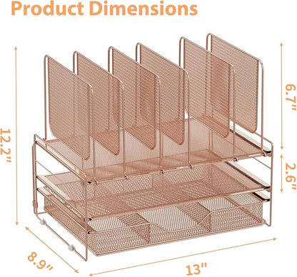 Rose Gold Desk Organizer, Office Organization with Vertical File Holder, File Organizer with Drawer and Office Supplies, Desk Accessories and Workspace Organizers (Rose Gold)