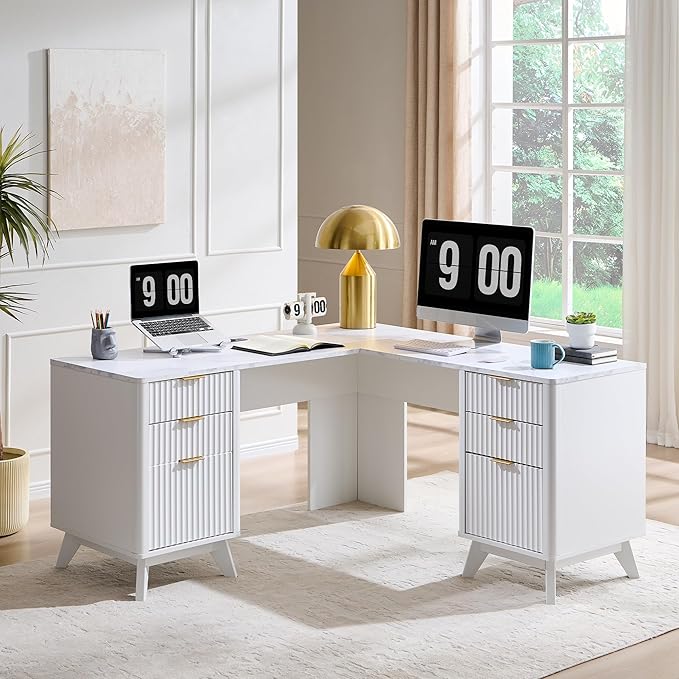 T4TREAM 60'' Fluted Executive L Shaped Desk, Modern Home Office Desk with Charging Station and File Drawer, Computer Corner Desks with Drawers & Storage Cabinet for Office Home, Bedroom,Solid White