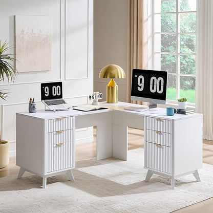T4TREAM 60'' Fluted Executive L Shaped Desk, Modern Home Office Desk with Charging Station and File Drawer, Computer Corner Desks with Drawers & Storage Cabinet for Office Home, Bedroom,Solid White