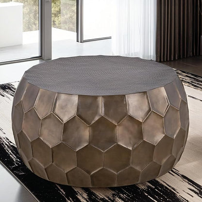 Modern Contemporary Round Aluminum Material 32" Coffee Table and 21" Height Table 2PC Table Set with Glossy Diamond-Patterned Base Antique Gold
