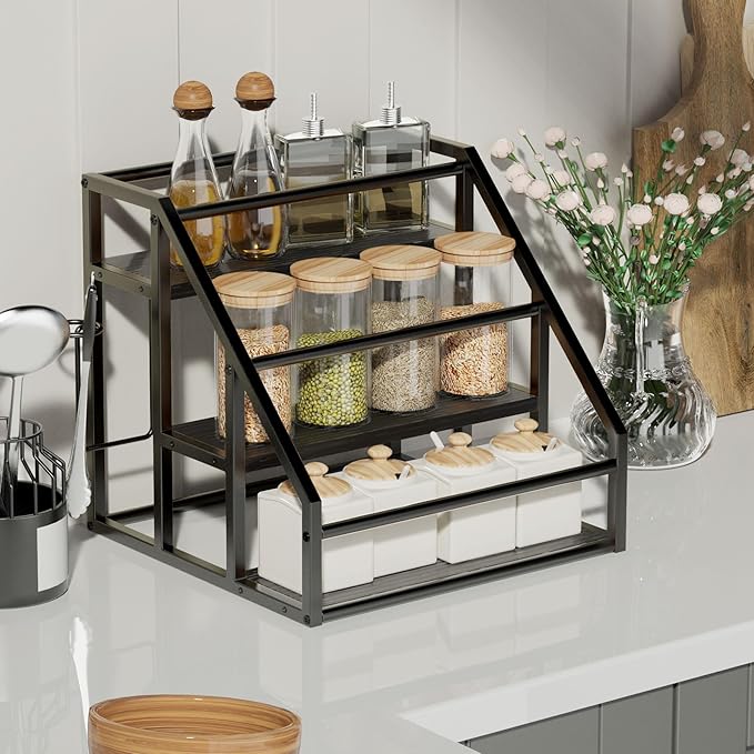 Coffee Syrup Rack Organizer, 3 Tier Countertop Storage Shelves, Kitchen Storage, 12 Syrup Bottle Stand Holder for Wine, Liquor, Kitchen Coffee Station Organizer Rack, 13.8"x13.4"x13.0",Black