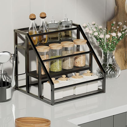 Coffee Syrup Rack Organizer, 3 Tier Countertop Storage Shelves, Kitchen Storage, 12 Syrup Bottle Stand Holder for Wine, Liquor, Kitchen Coffee Station Organizer Rack, 13.8"x13.4"x13.0",Black
