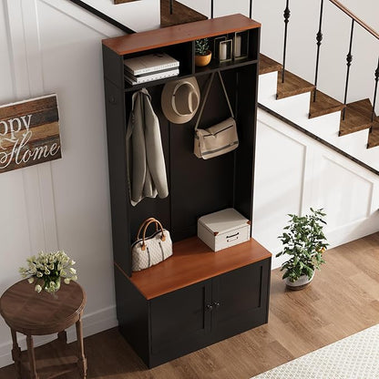 Entryway Hall Tree with Bench and Storage, 5-in-1 Farmhouse Coat Rack with 7 Hooks, Bench with Coat Rack with Storage Shelves for Hallway, Hallway, Black