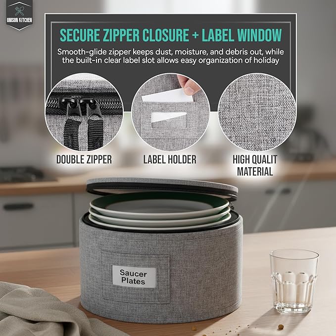 4-Piece Dish Storage Container Set – Hard Shell Dinnerware Organizer with Dividers for Plates, Stackable, and Ideal for Fine China Storage, Kitchen Organization & Moving Supplies – Grey
