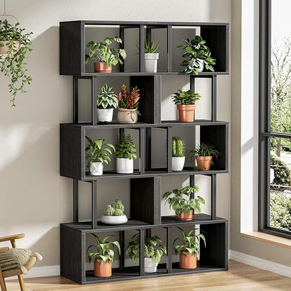 Furologee 6 Tier Bookshelf Tall Geometric Bookcase, S Shaped Industrial Display Standing Shelf, Metal and Wood Decorative Storage Room Divider Rack for Bedroom, Living Room, Office, Light Black Oak