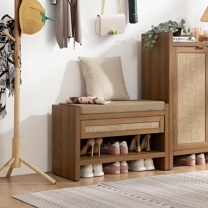 SICOTAS Rattan Shoe Bench Entryway Bench with Storage Drawer and Linen Seat Cushion, Farmhouse Boho Shoe Rack with Shelf, Wooden Storage Bench for Entryway Hallway and Bedroom, Caramel Oak, 2PCS