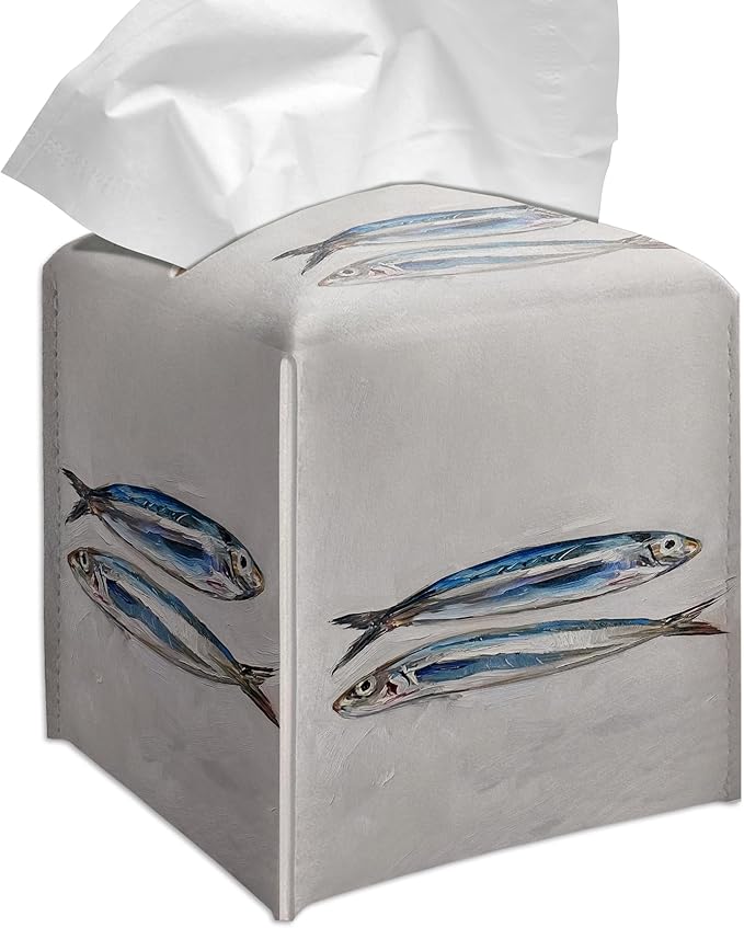 Grace Yonks Coastal Tissue Box Cover Square - Blue Sardines Painting Design 5.2" PU Leather Holder for Vanity, Desk, or Bathroom Counter - Cube Case for Facial Tissues. (111)
