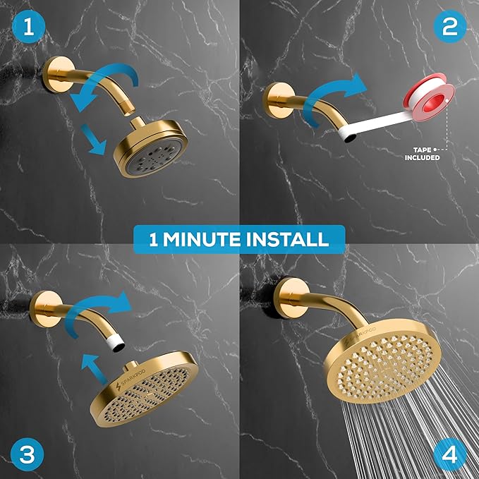 SparkPod Rain Shower Head, 6 Inch Round | High Pressure Shower Heads, 90 Nozzle (Touch-to-Clean), Adjustable Showerhead, No-tool Universal Connection