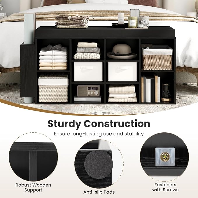 Giantex Shoe Storage Bench with Umbrella Stand, 10-Cubby Entryway Shoe Rack Organizer with Padded Seat, Adjustable & Removable Shelves for Hallway, Living Room & Bedroom (Black)