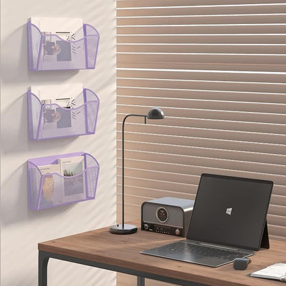 EasyPAG 3 Pack Wall File Organizer, Metal Mesh Hanging File Folder Holder for Letter/A4 Size Folders, Vertical Wall Mount Mail Sorter for Office Paperwork, Classroom, Purple