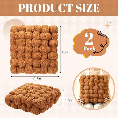 Wenqik 2 Pcs Knot Pillows Square Knotted Plush Throws Soft Accent Pillows Decoration Cushion for Couch Home Office Living Room Bedroom Bed Sofa Decor, 12'' x 13''(Caramel,Lambswool)