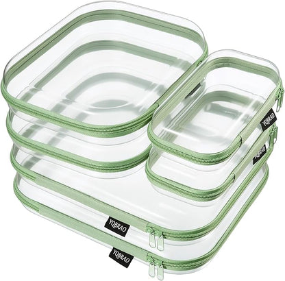 YQBRAO 6 Pack Sleek Green Clear Hard Shell Zipper Case, 1.2mm Heavy Duty Tech & Cord Organizer Pouches, Crush-Proof Electronic Storage for Travel, Tools & Diaper Bag (2L+2M+2S)