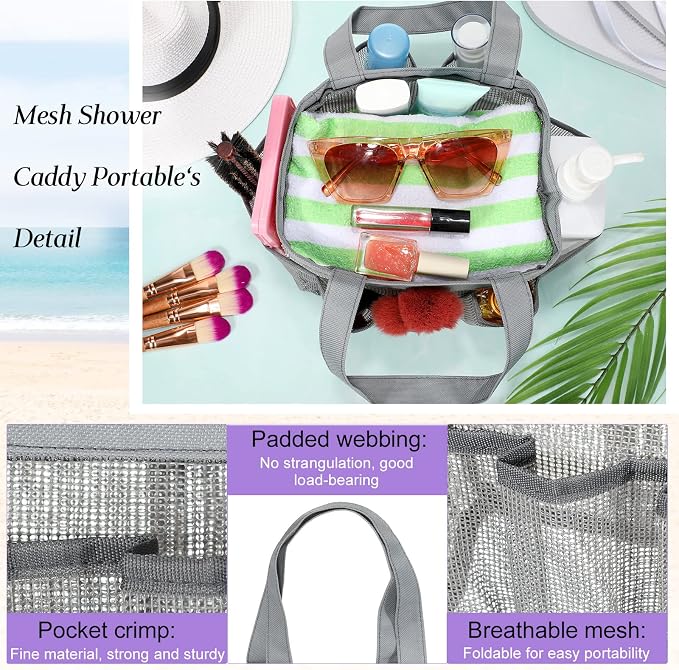 Hillban 4 Pcs Mesh Shower Caddy Portable Shower Caddy for Dorm Beach Mesh Bags with Deeper 8 Pockets and Handles Showers Caddies Basket for Women College Room Vacation(Blue, Purple, Black, Gray)