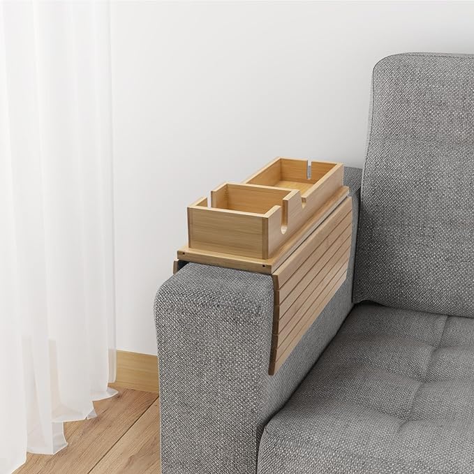 Bamboo Sofa Armrest Tray - Couch Arm Tray with Detachable Couch Cup Holder - 2 in 1 Anti-Slip Foldable Sofa Armchair Caddy Table - Cup Holder for Drinks Cellphone Snacks, Remote