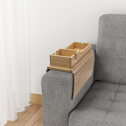Bamboo Sofa Armrest Tray - Couch Arm Tray with Detachable Couch Cup Holder - 2 in 1 Anti-Slip Foldable Sofa Armchair Caddy Table - Cup Holder for Drinks Cellphone Snacks, Remote