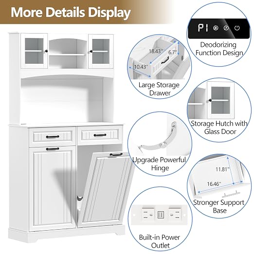 Double 13 Gallon Tilt Out Trash Can Cabinet with Deodorizing Function and Power Outlet, 71" Tall Wooden Garbage Can Holder Cabinet with 2 Storage Hutch & 2 Drawers for Kitchen and Dining Room, White