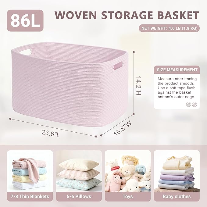 SunNewt 86L Large Baby Girls Laundry Basket for Nursery Storage,Cute Woven cotton Rope Baskets for Kids Toy，Gifts, Boho Square Wicker Blanket hamper for Living Room,Bedroom Dirty Clothes,Pink
