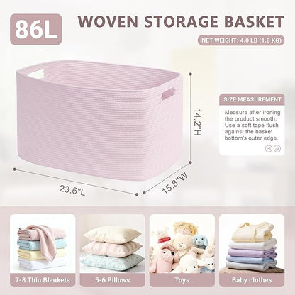 SunNewt 86L Large Baby Girls Laundry Basket for Nursery Storage,Cute Woven cotton Rope Baskets for Kids Toy，Gifts, Boho Square Wicker Blanket hamper for Living Room,Bedroom Dirty Clothes,Pink