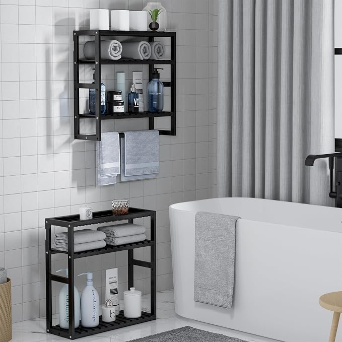 PPN Towel Rack Bathroom Storage Shelves Over The Toilet with Towel Bar 100% Bamboo Adjustable Height Floating Shelf Wall Shower Shelf for Small Space Bathroom Kitchen Multi Usage (Black-1Pack)