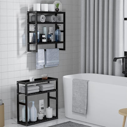 PPN Towel Rack Bathroom Storage Shelves Over The Toilet with Towel Bar 100% Bamboo Adjustable Height Floating Shelf Wall Shower Shelf for Small Space Bathroom Kitchen Multi Usage (Black-1Pack)
