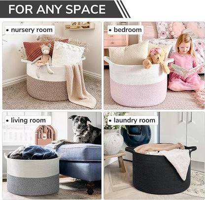 INDRESSME XXXLarge Blanket Basket 21.7" x 21.7" x 13.8" Woven Storage Baskets Soft Cotton Rope Toy Baskets Storage Kids Decorative Laundry for Home, Perfect for Living Room, Black
