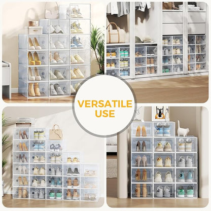 Sweetcrispy Shoe Storage Boxes, Clear Plastic Stackable Shoe Rack Organizer with Lids for Closet, Foldable Sneaker Container, Under Bed and Entryway, 15 Pack, Clear White