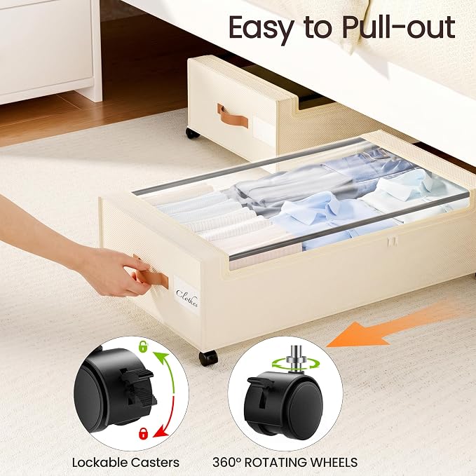 Yecaye 82 L Under Bed Storage with Wheels, 9.4 in Under Bed Storage Containers, Large Under Bed Shoe Storage with Lids, Rolling Underbed Storage bins for Clothes, Blankets, Beige