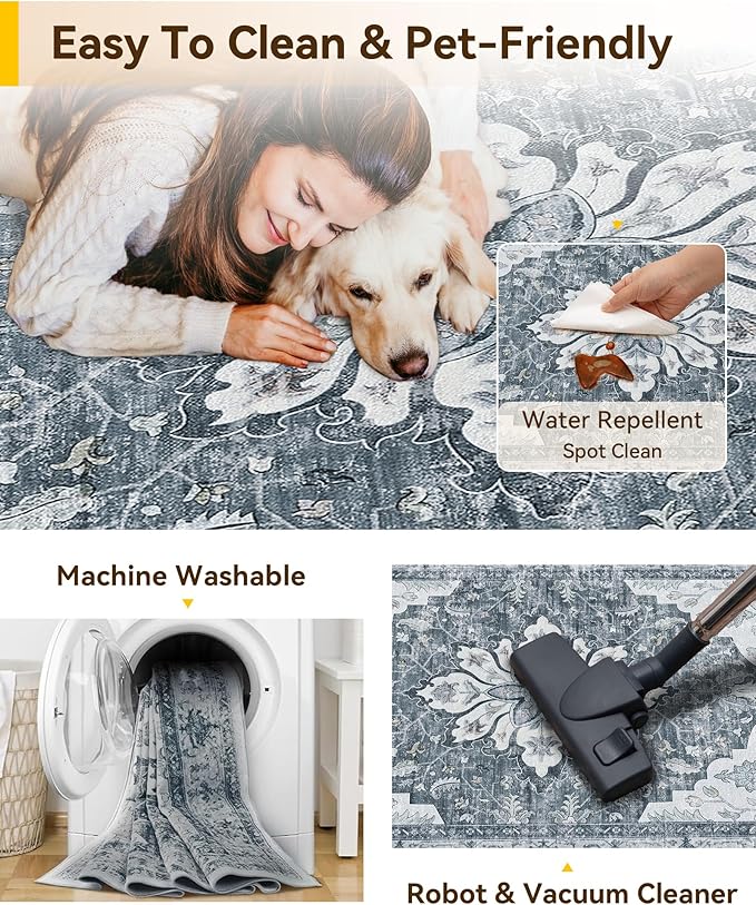RELEANY Area Rugs Runner 2'x10' Washable Non-Slip, Floral Vintage Distress Medallion Carpet for Kitchen Hallway Bedroom Beside Laundry Room Bathroom, Light Gray Grey White
