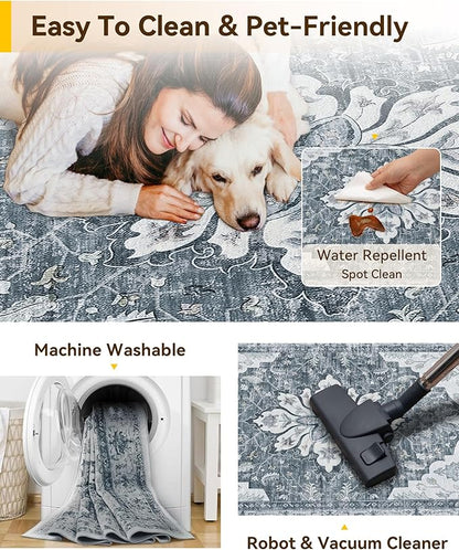 RELEANY Area Rugs Runner 2'x10' Washable Non-Slip, Floral Vintage Distress Medallion Carpet for Kitchen Hallway Bedroom Beside Laundry Room Bathroom, Light Gray Grey White