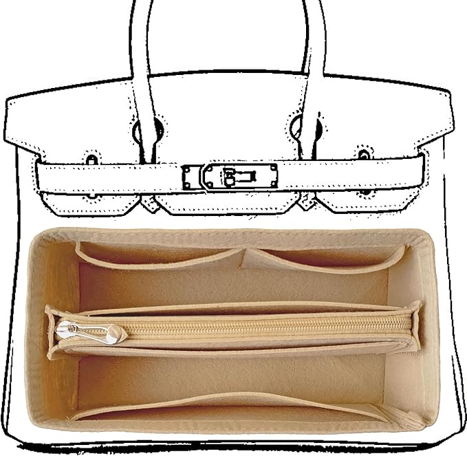 Purse Organizer Insert For Birkin 25 Bag, Felt Insert Organizer With Zipper, Large Capacity,Women’s Handbags Shaper (25,Beige)