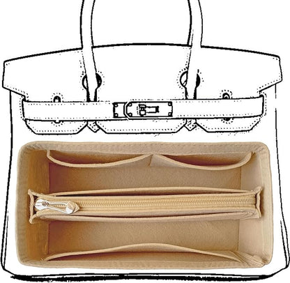 Purse Organizer Insert For Birkin 25 Bag, Felt Insert Organizer With Zipper, Large Capacity,Women’s Handbags Shaper (25,Beige)