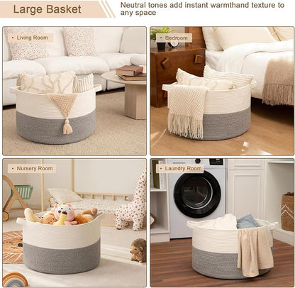 OIAHOMY Large Blanket Basket for Living Room, 19.7" x 12.6" Woven Cotton Rope Laundry Basket for Organizing Pillows, Decorative Stuffed Animal Toy Storage for Nursery, White and Light Grey