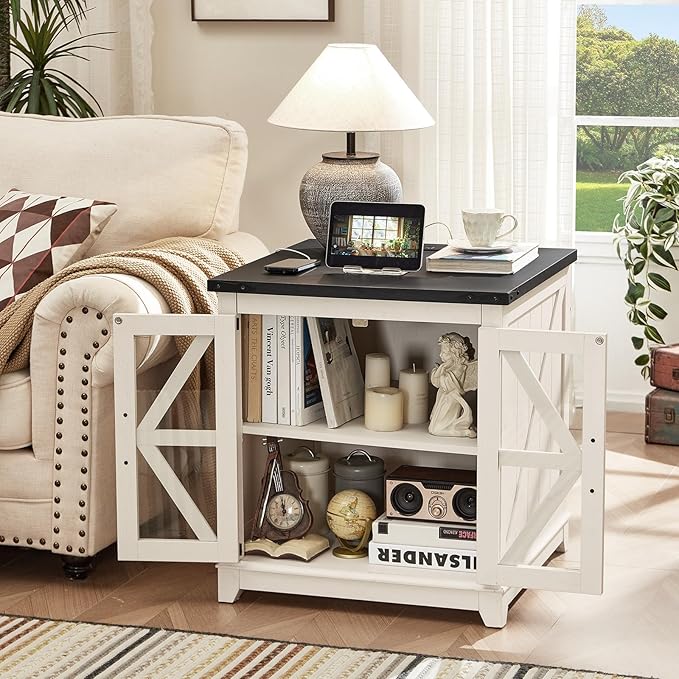 Farmhouse Coffee Table Sets 2 Pieces, Large End Side Tables with Charging Station and Coffee Table with Hidden Storage Compartment, Black Living Room Table Set, Wood Furniture Sets for Home Office